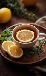 a bowl of tea with lemons on a plate