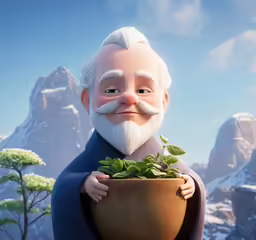 the animated character in a suit holding a plant