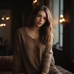 the woman is sitting on the couch in the room