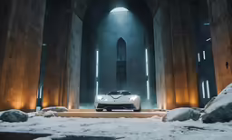 a silver car is parked in an otherwise dark room