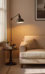 a chair and lamp in a small room