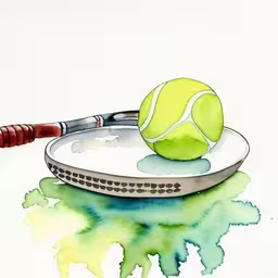 the tennis ball has been placed on top of a frying pan,watercolor and ink drawing of a tennis ball on a tennis racket,watercolor painting of a tennis ball and racket on top of the pan,watercolor drawing of a tennis ball on a tennis racket,a tennis ball is on the racket, as seen from above