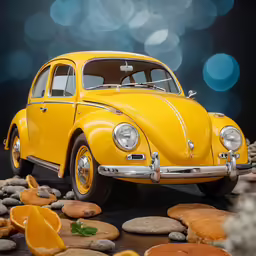 the yellow beetle has a large tire that is painted