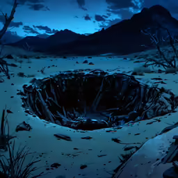 a night time scene of a hole in the ground