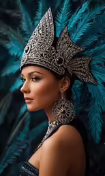 a woman in an ornate headdress poses with a large peacock feather