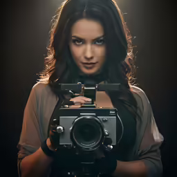 a woman is holding a camera in front of her face