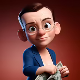 cartoon style man holding money while wearing glasses