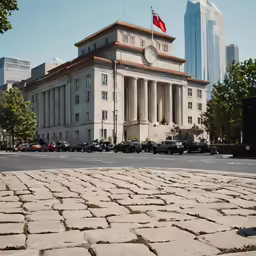 a large building with pillars and flags is shown in the background