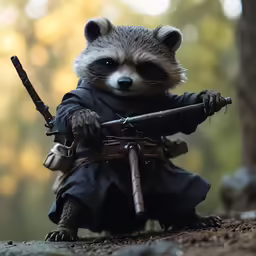 a toy raccoon is dressed in a outfit and holding a knife