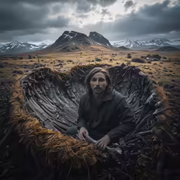 a man sitting on a bench in the middle of a dry grass field