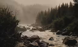 a river flows through a forested area on a foggy day