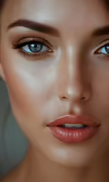 woman with nude makeup, wearing a brown dress and pink lipstick
