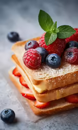 several pieces of toast stacked on top of each other, topped with fresh fruit