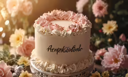 the cake is in the middle of floral decorations
