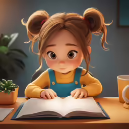 a young girl reading a book on top of a desk
