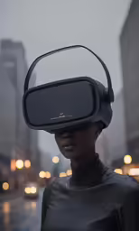 woman with an image attached to her head wearing a head - mounted device