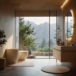 this is a modern bathroom that has big windows
