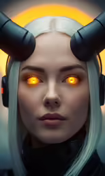 a woman wearing horns with glowing eyes