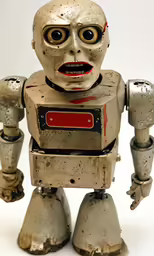 a robot statue has two legs, a face and a body