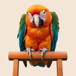 a red and yellow bird sitting on top of a wooden stool