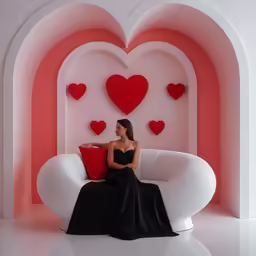 a girl is sitting in a chair that has hearts cut out of it