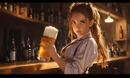 a women with a beer glass is in a bar