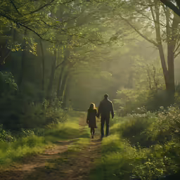 man and woman walking on a path through the woods together