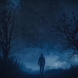 silhouetted man standing at nighttime with trees and sky in background