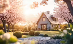 the sun rises over the garden and houses