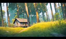 a small house sitting on top of a lush green hillside
