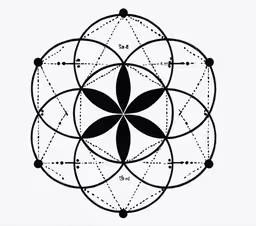 an old fashioned pattern, the circles have petals,a flower with three petals and four sides, on a white background