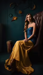 a woman in a blue dress sitting on a brown chair