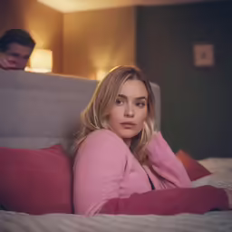 the girl is lying on her side near a man