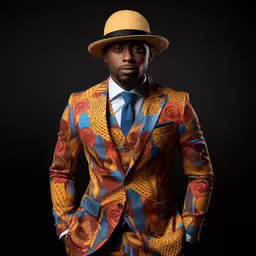 an african american man in a hat and suit,a man in an african - inspired suit and hat