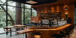 the view from inside of a restaurant bar, with many tables and benches
