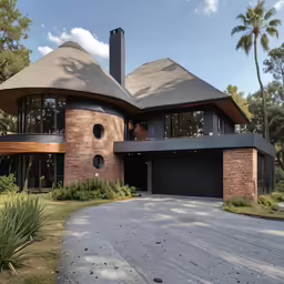 the house has a large round entrance and a long driveway