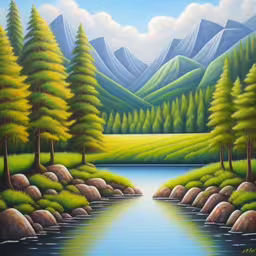 a painting of trees, rocks and mountains by the water,a painting on canvas of a mountain lake