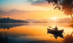 a man rows his canoe as the sun sets