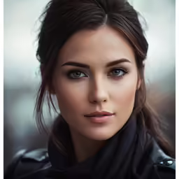 a beautiful young woman with blue eyes, black top and a scarf on