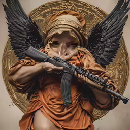 a woman in a brown and brown outfit with wings holds a gun