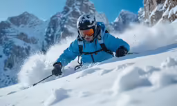 a man in blue jacket skiing down a snow covered hill