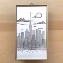 a picture of a pen drawing of a city with tall buildings,a drawing of a city is hanging on a wooden wall