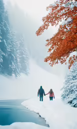 two people holding hands walking on the snow