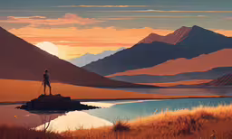 a painting of a person standing on a rock overlooking mountains and a river,an artist standing in front of a mountain lake