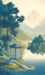 a picture of some trees mountains and water