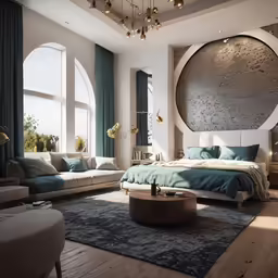 a living room with furniture, a couch, and an enormous mirror