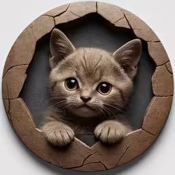 a kitten in a round shaped hole with paw hanging down