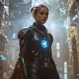 a female superhero wearing a black suit with a blue circle at the back