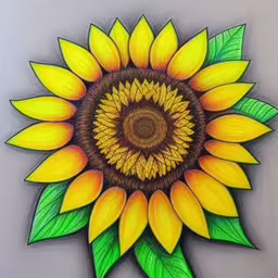 a sunflower with green leaves painted on the inside,a drawing of a sunflower with green leaves