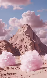 pink balls are floating in the air next to a rocky mountain